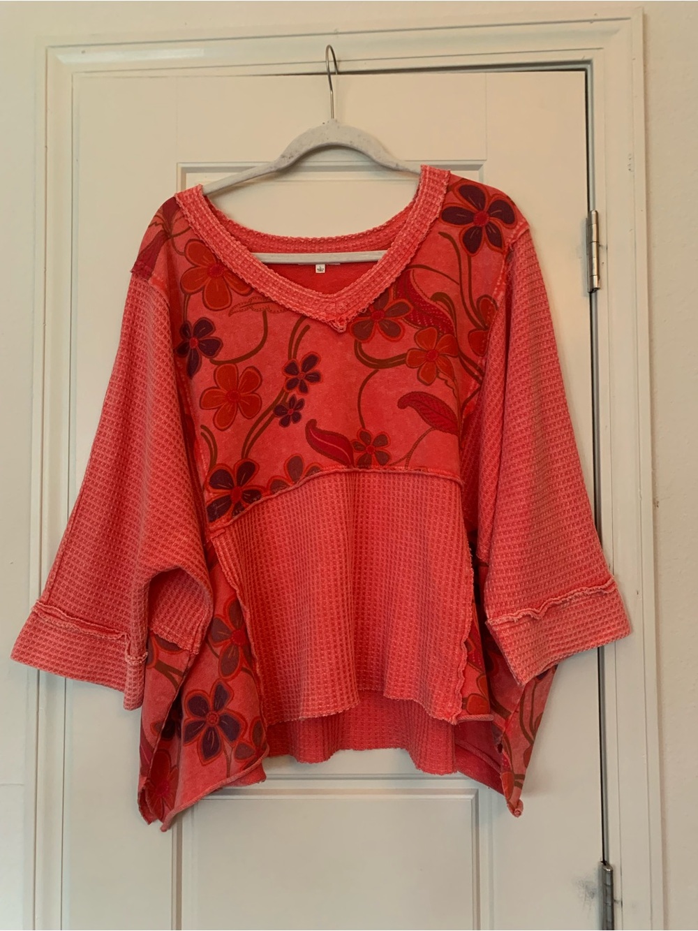 Easel Boho Red Floral Print Washed Terry Lounge Top Large